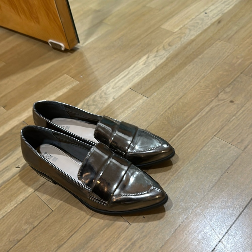 Metallic silver loafers flats